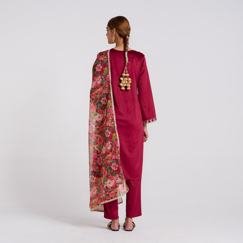 Maroon Embroidered Phulwari Velvet Set with Dupatta