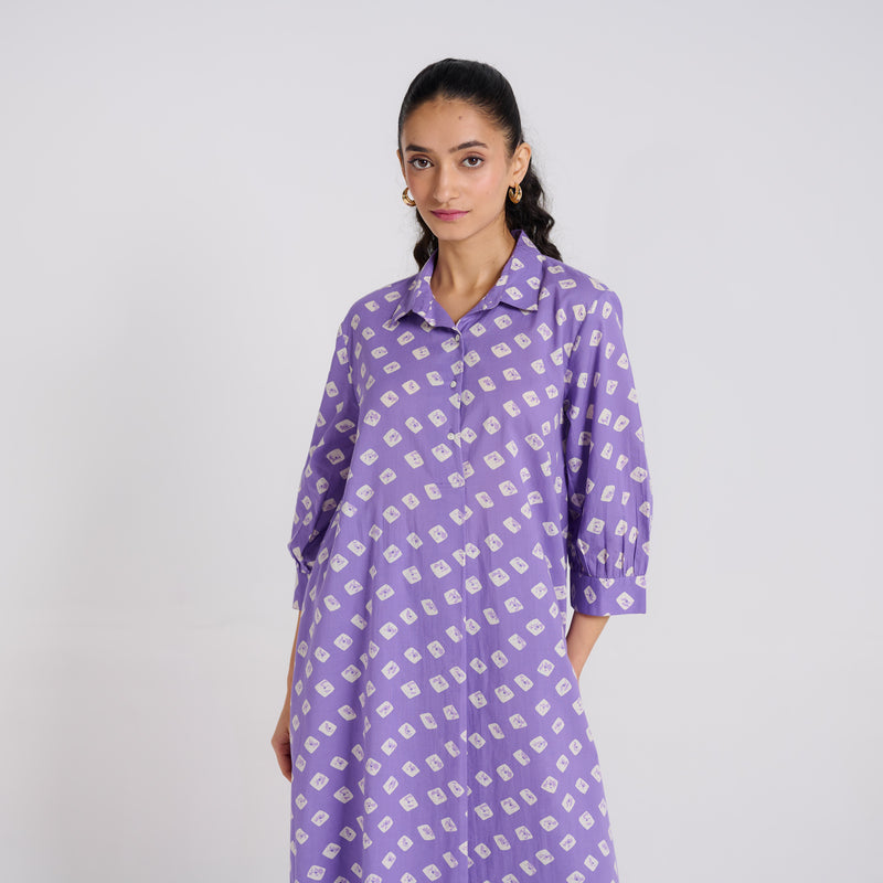 Lavender Breezy Pure Cotton Kurta Pant Set with Shirt Collar