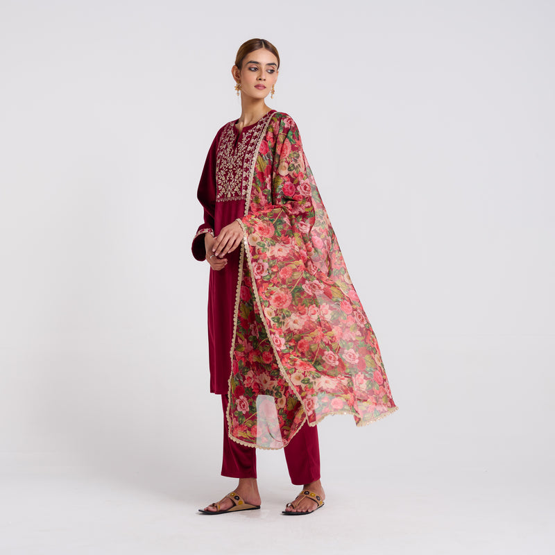 Maroon Embroidered Phulwari Velvet Set with Dupatta