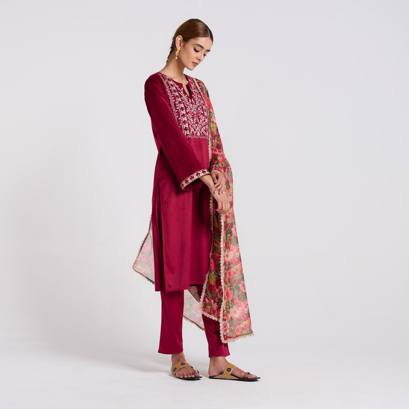 Maroon Embroidered Phulwari Velvet Set with Dupatta