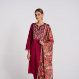 Maroon Embroidered Phulwari Velvet Set with Dupatta