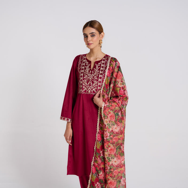 Maroon Embroidered Phulwari Velvet Set with Dupatta