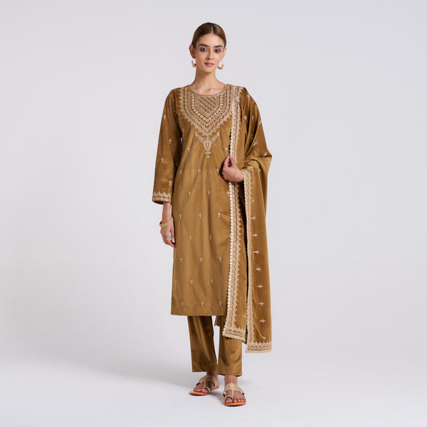Rust Orange Buy Brown Ochre Embroidered Gulzaar Velvet Set with Dupatta | Rustorange