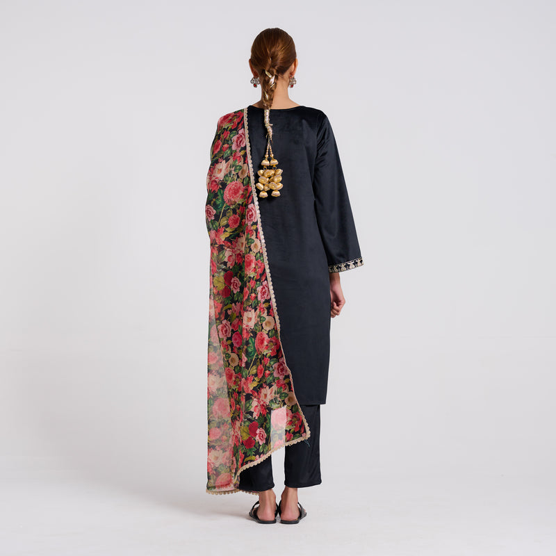 Black Embroidered Phulwari Velvet Set with Dupatta