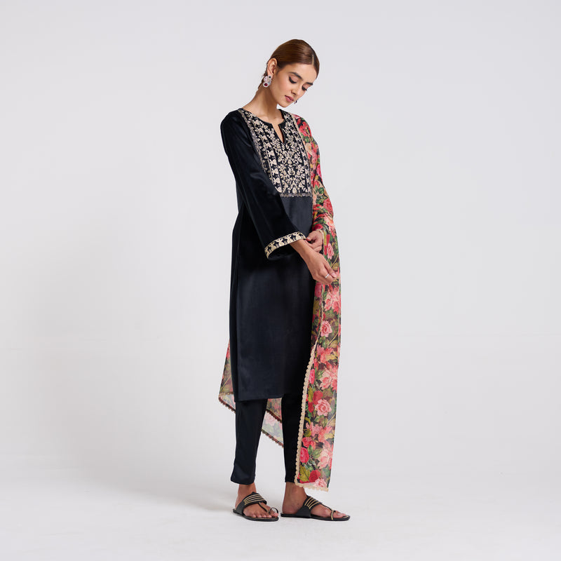 Black Embroidered Phulwari Velvet Set with Dupatta