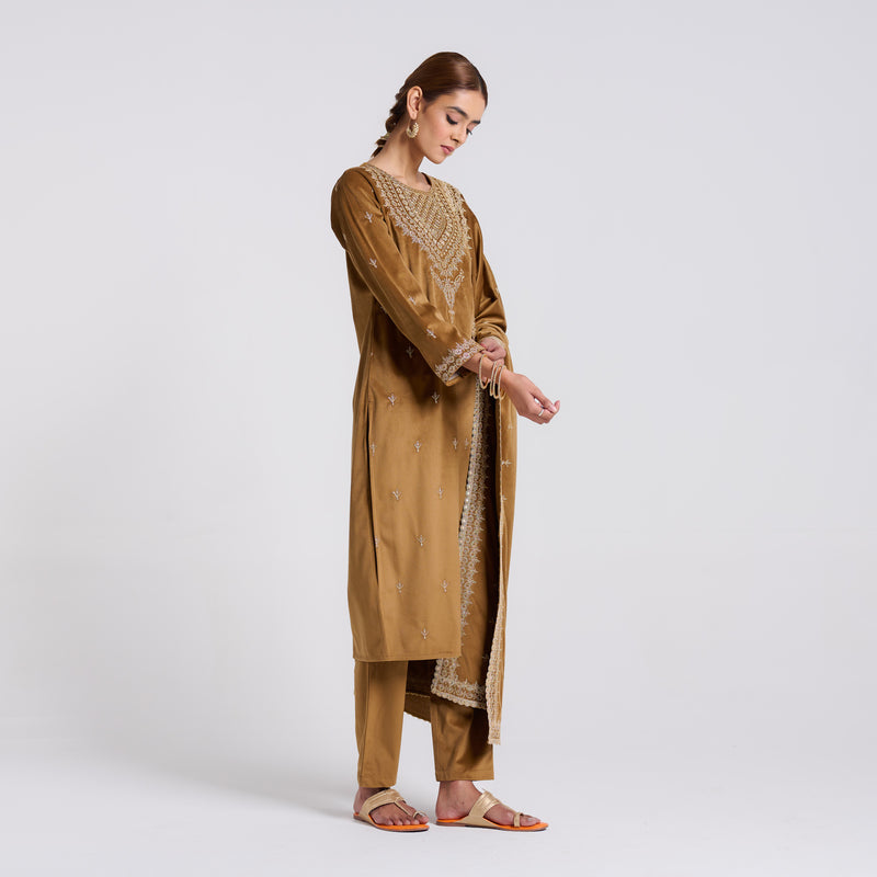 Brown Ochre Embroidered Gulzaar Velvet Set with Dupatta