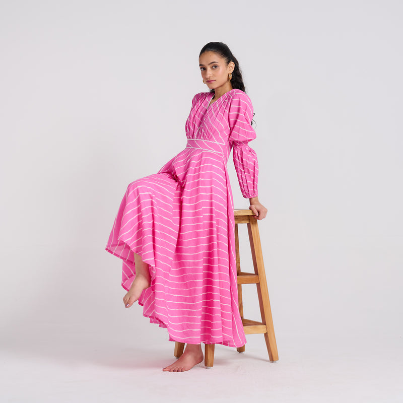 Pink Leheriya Pure Cotton Maxi Dress