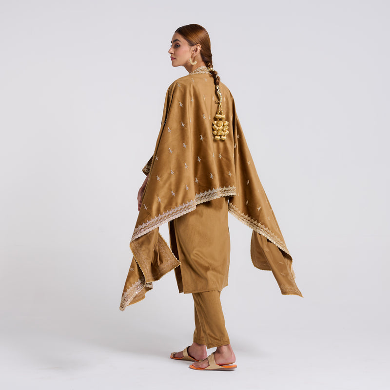 Brown Ochre Embroidered Gulzaar Velvet Set with Dupatta