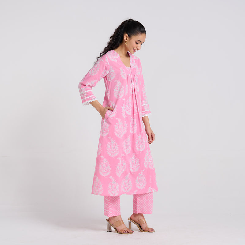 Pink Pure Cotton Paisley Kurta Pant Set