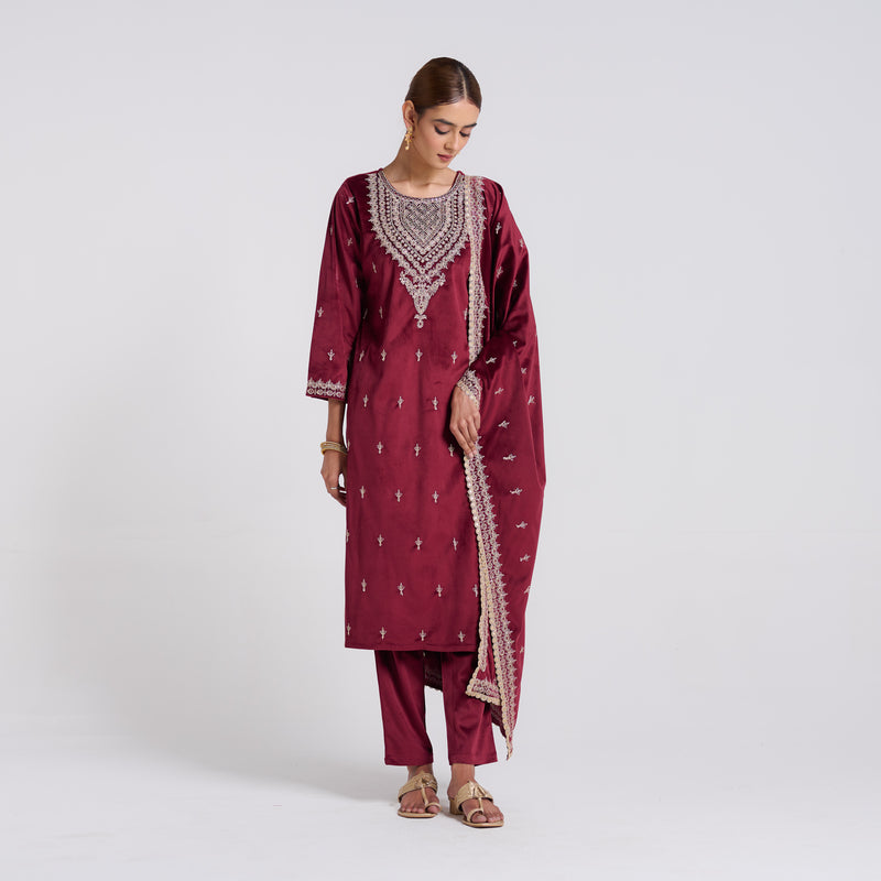 Maroon Embroidered Makhmali Velvet Set with Dupatta