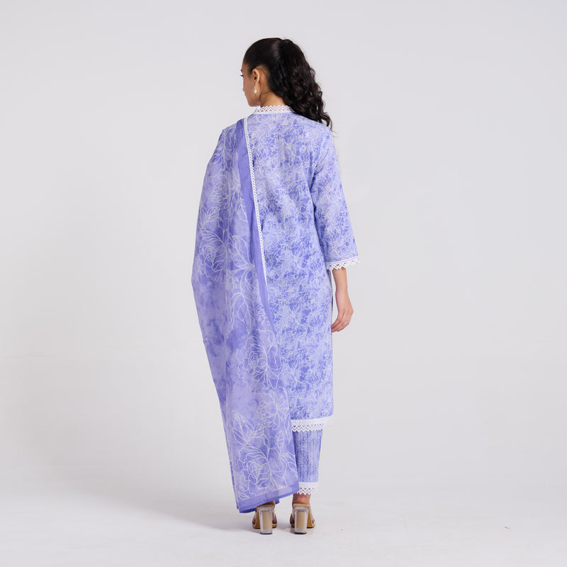 Lavender Pure Cotton Kurta Set with Dupatta and Lace Detail