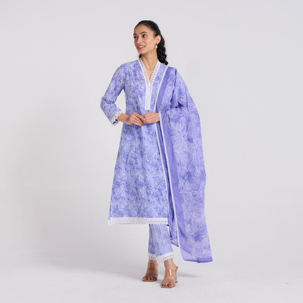 Lavender Pure Cotton Kurta Set with Dupatta and Lace Detail