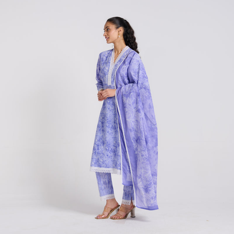 Lavender Pure Cotton Kurta Set with Dupatta and Lace Detail