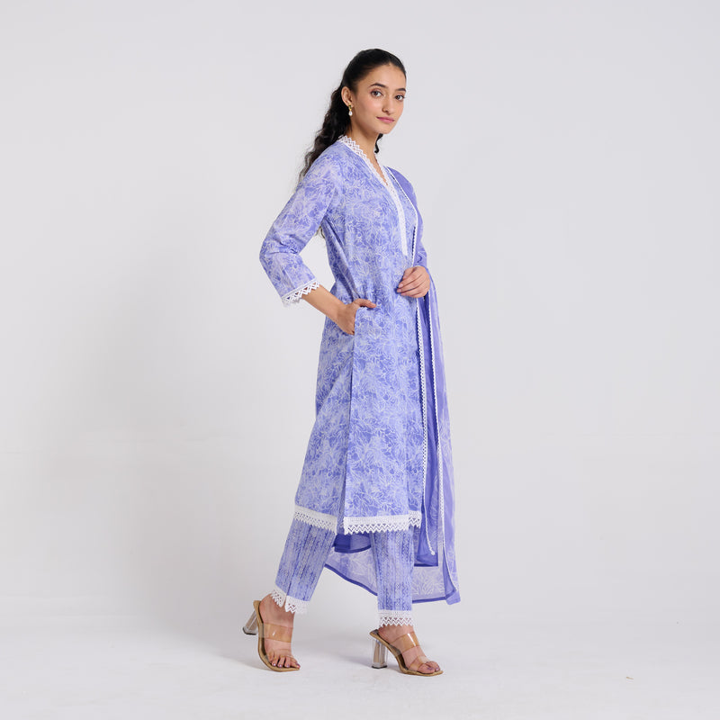 Lavender Pure Cotton Kurta Set with Dupatta and Lace Detail