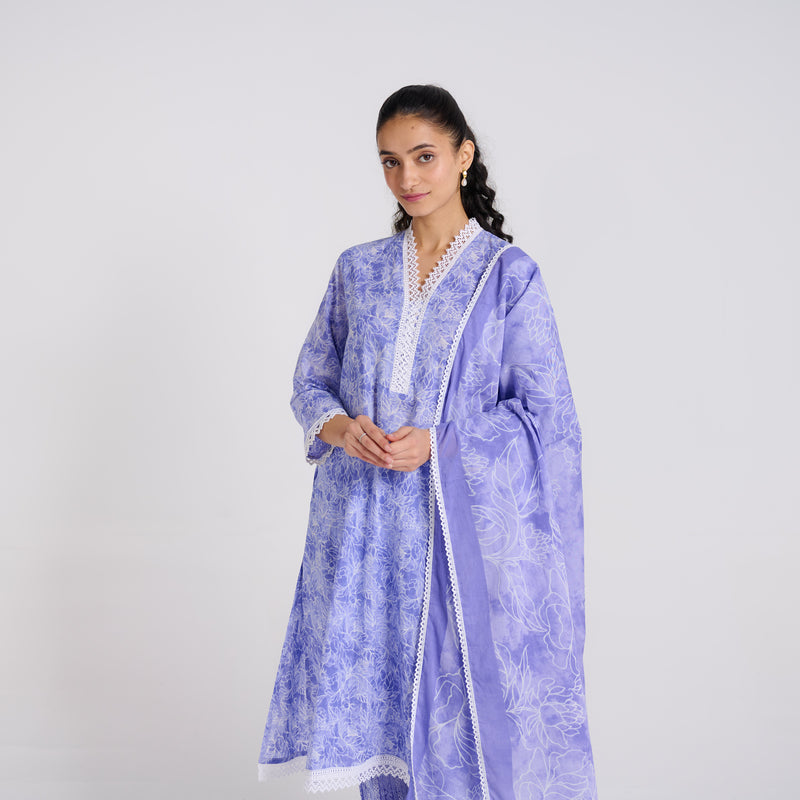 Lavender Pure Cotton Kurta Set with Dupatta and Lace Detail