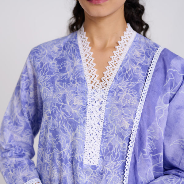 Lavender Pure Cotton Kurta Set with Dupatta and Lace Detail