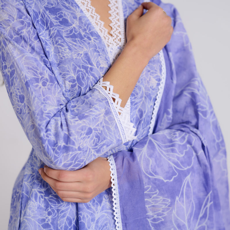 Lavender Pure Cotton Kurta Set with Dupatta and Lace Detail