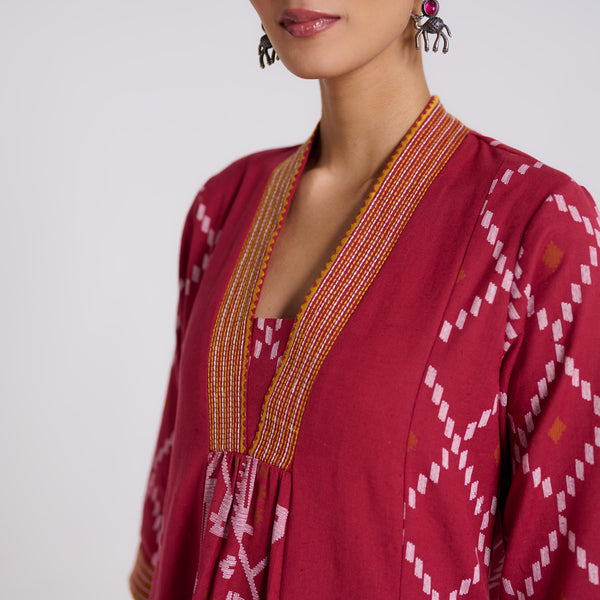 Sindoori Maroon Jamdani Kurta Pant Set with Embroidery Detail