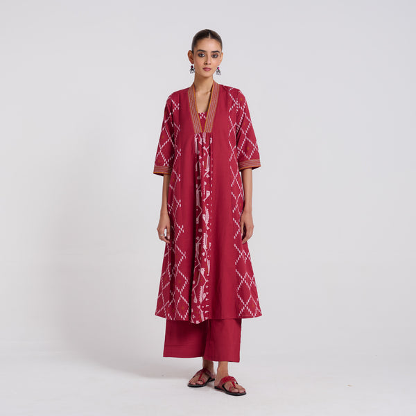 Sindoori Maroon Jamdani Kurta Pant Set with Embroidery Detail