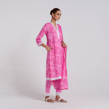 Pink Pure Cotton Kurta Set with Dupatta and Lace Detail