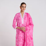 Pink Pure Cotton Kurta Set with Dupatta and Lace Detail
