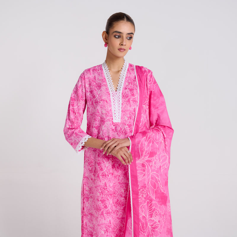 Pink Pure Cotton Kurta Set with Dupatta and Lace Detail