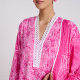 Pink Pure Cotton Kurta Set with Dupatta and Lace Detail