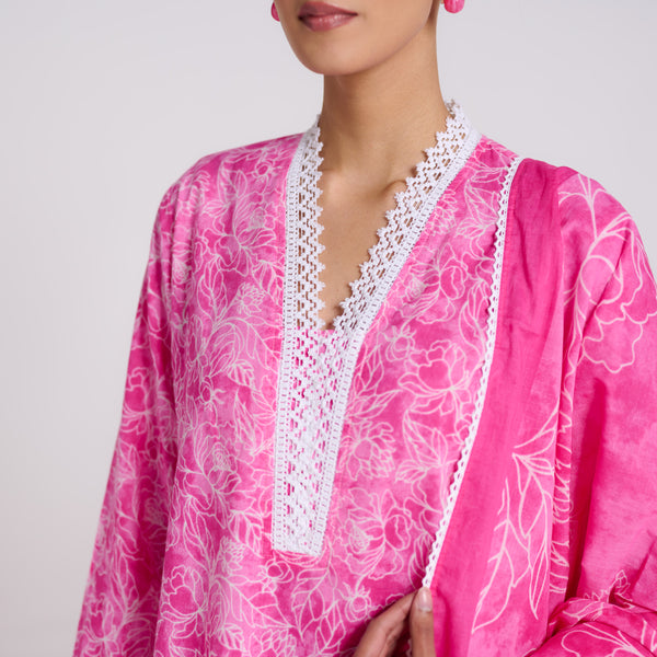 Pink Pure Cotton Kurta Set with Dupatta and Lace Detail