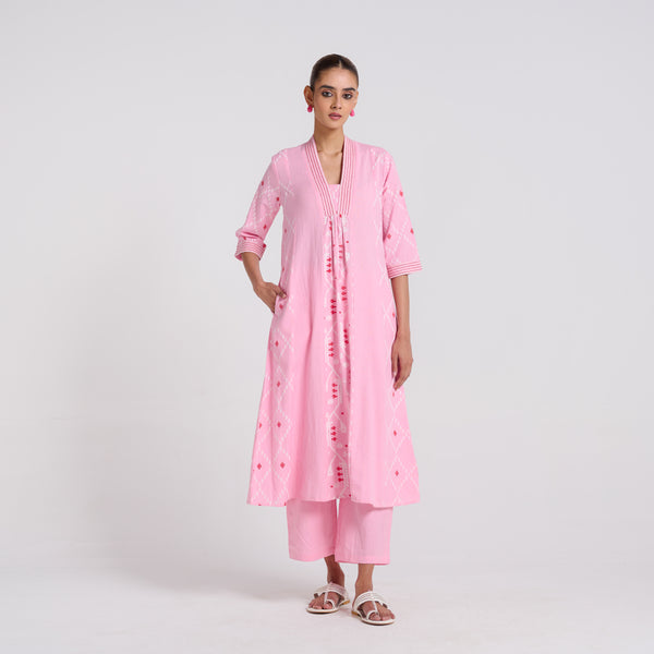 Cotton Candy Jamdani Kurta Pant Set with Embroidery Detail