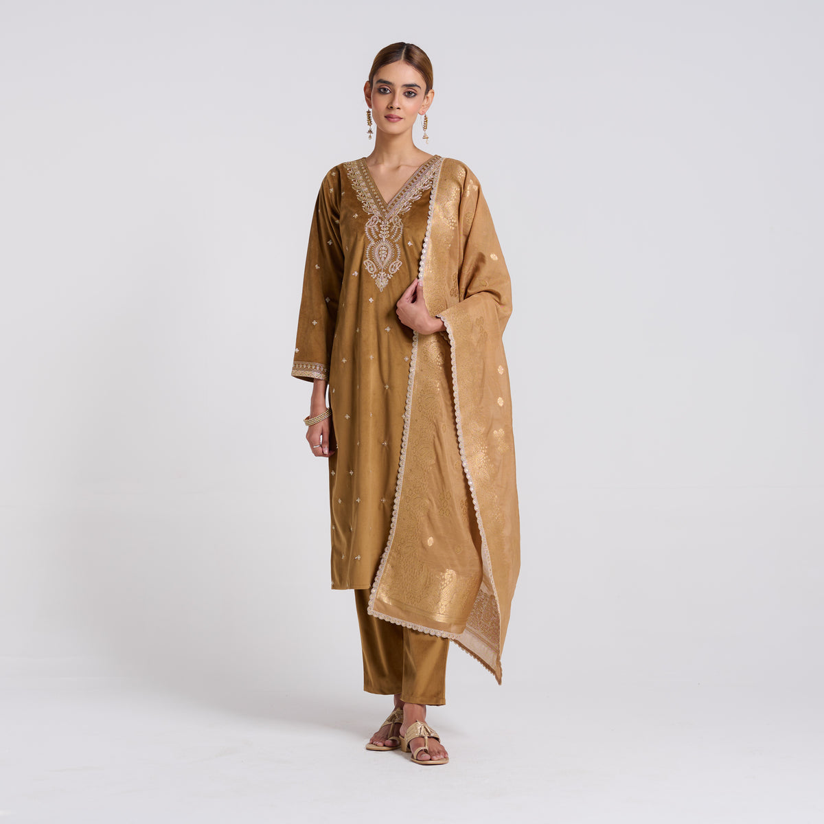 Brown Ochre Varak Embroidered Velvet Set with Brocade Dupatta