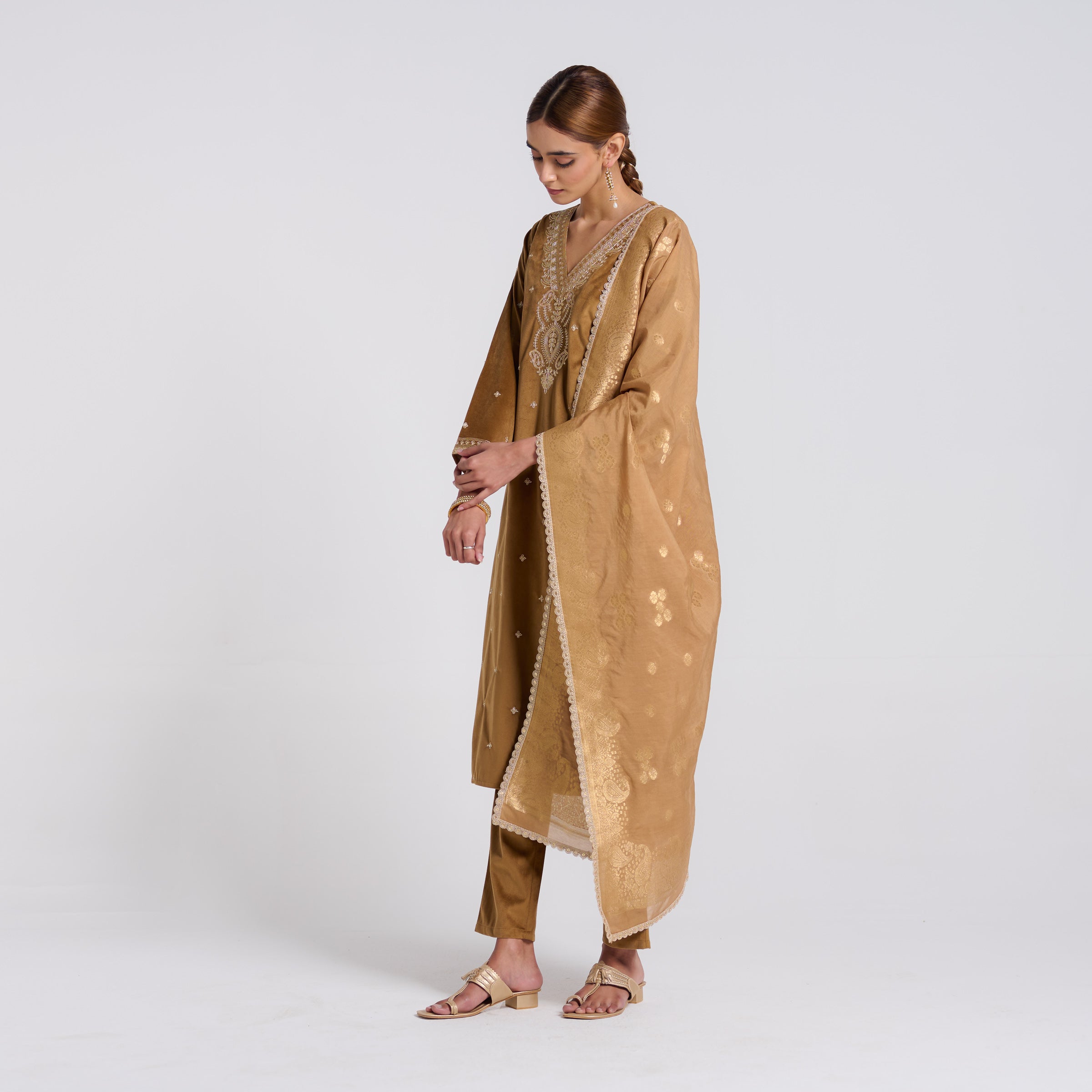 Brown Ochre Varak Embroidered Velvet Set with Brocade Dupatta