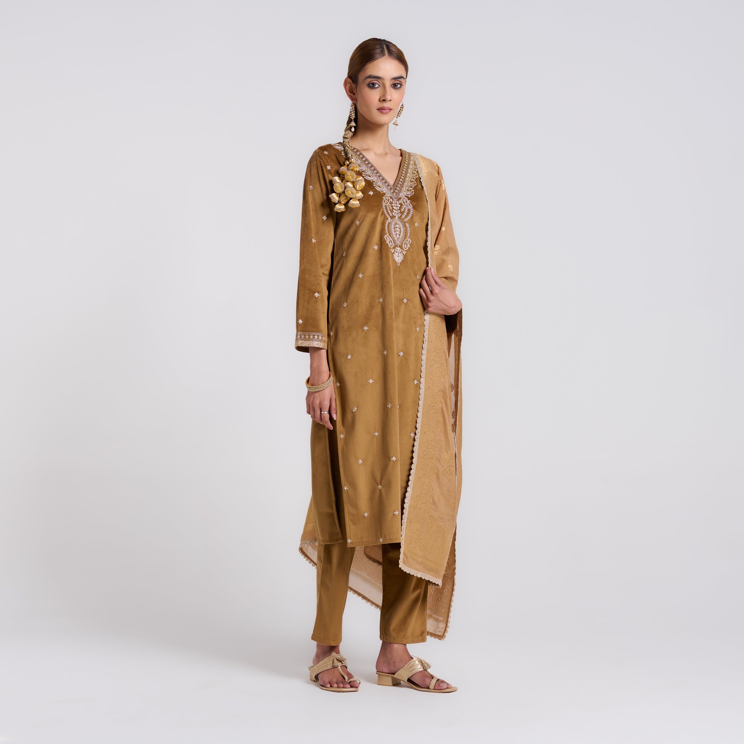Brown Ochre Varak Embroidered Velvet Set with Brocade Dupatta