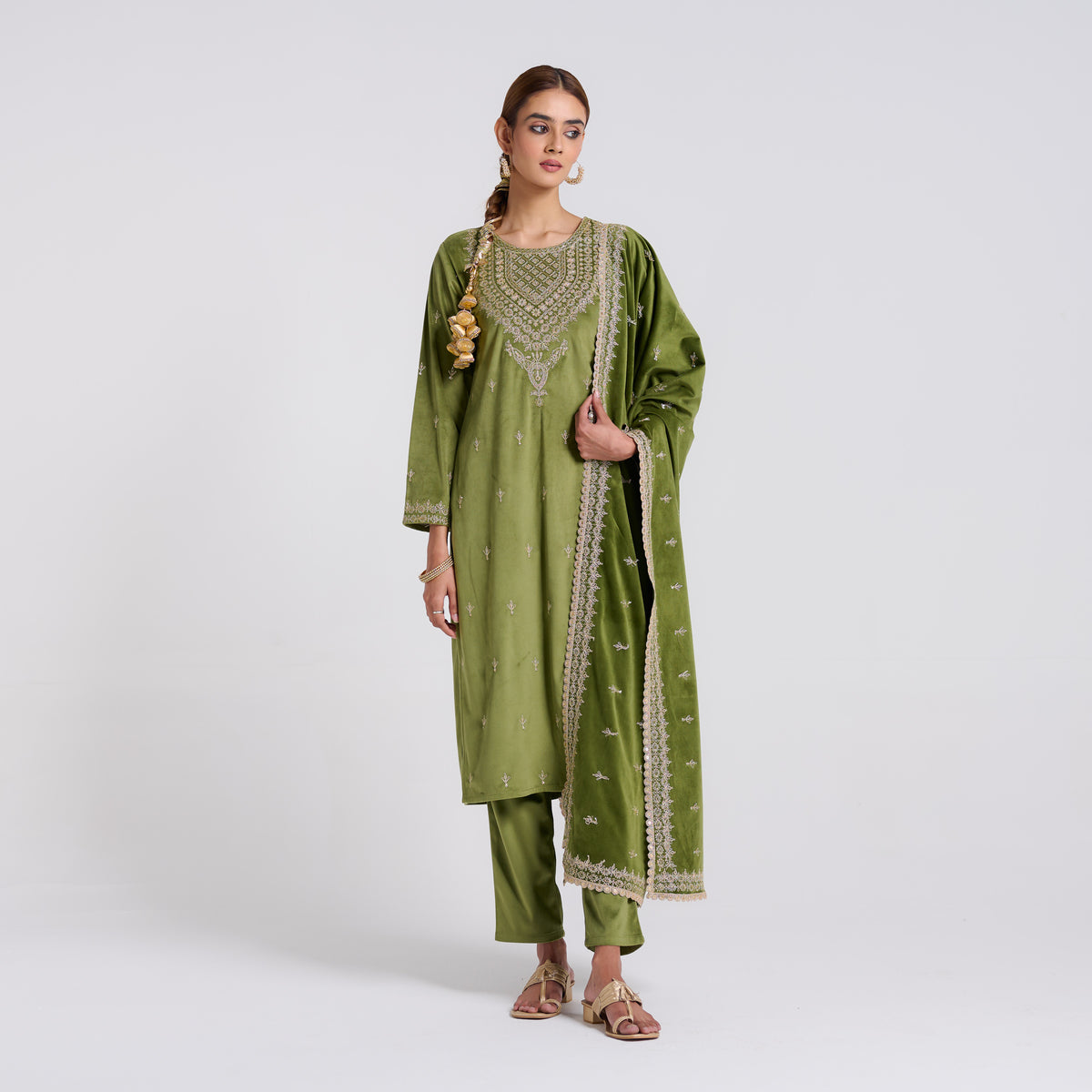 Olive Embroidered Gulzaar Velvet Set with Dupatta