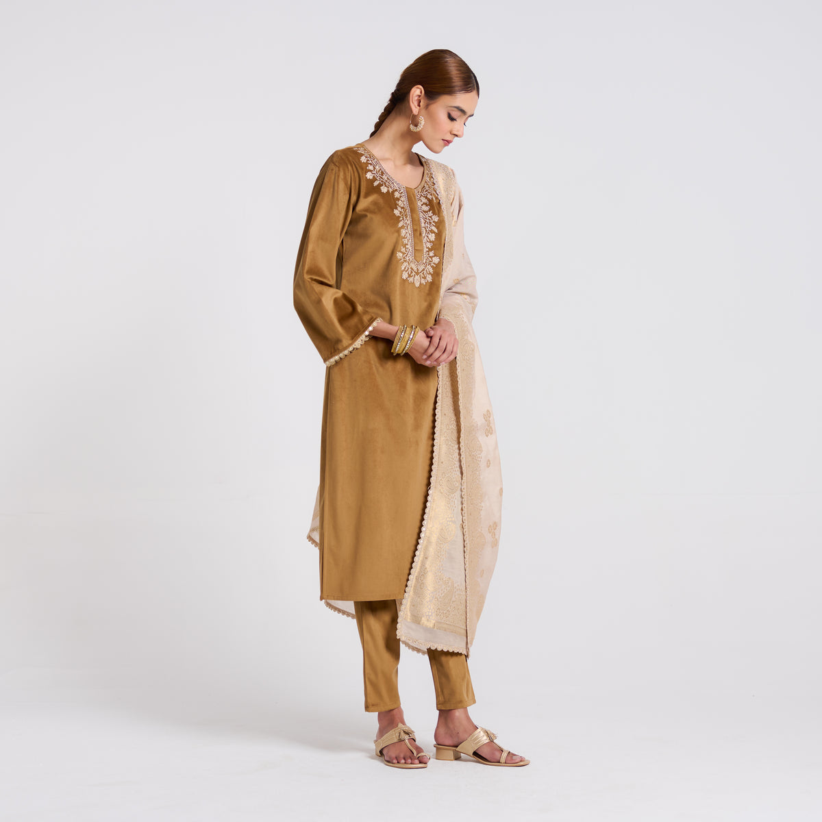 Brown Ochre Embroidered Noor Velvet Set with Brocade Dupatta