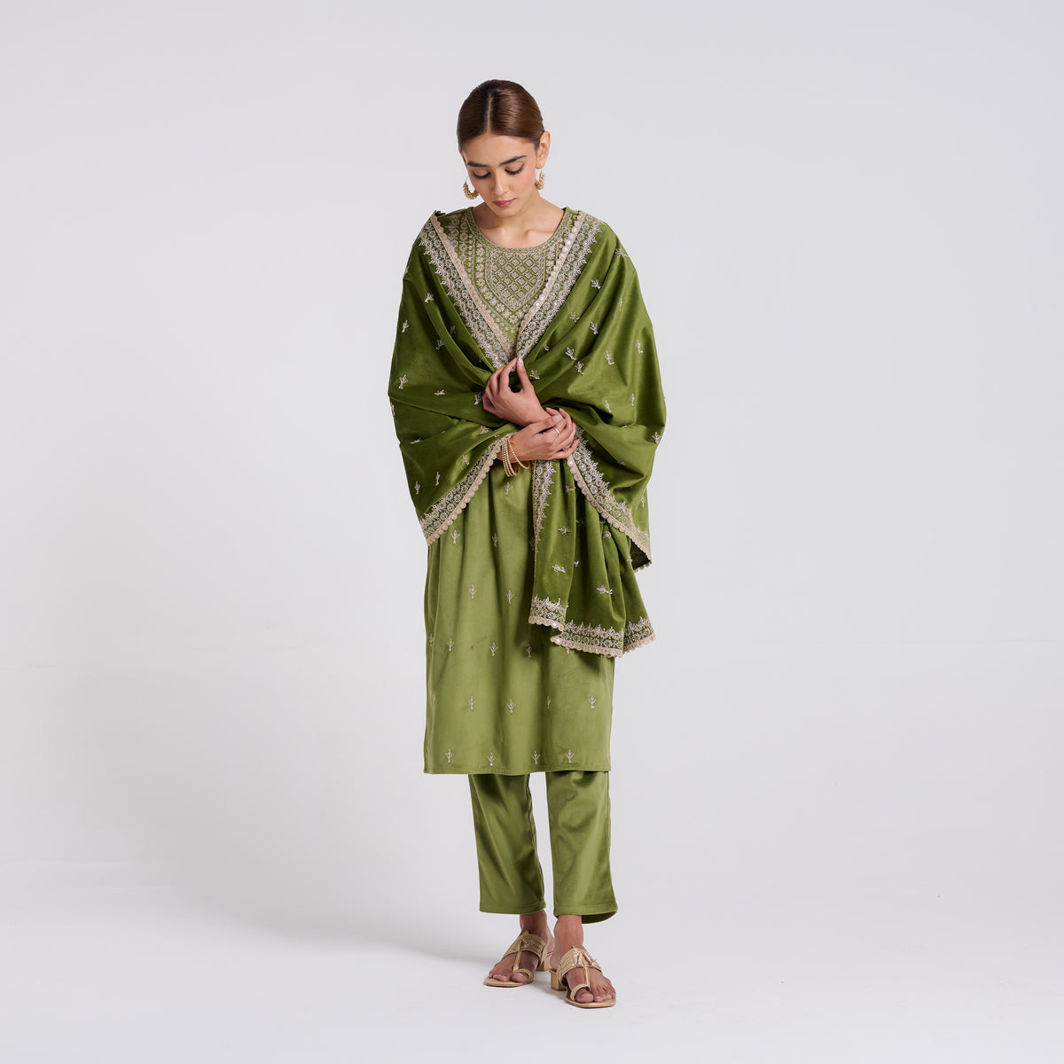 Olive Embroidered Gulzaar Velvet Set with Dupatta