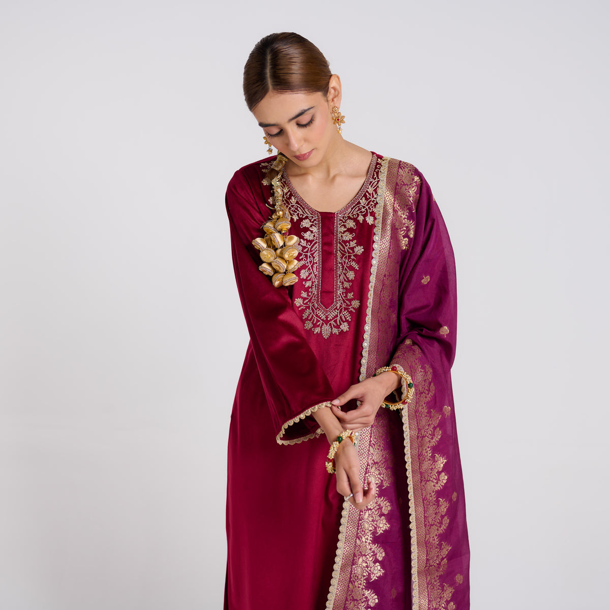 Maroon Embroidered Noor Velvet Set with Brocade Dupatta