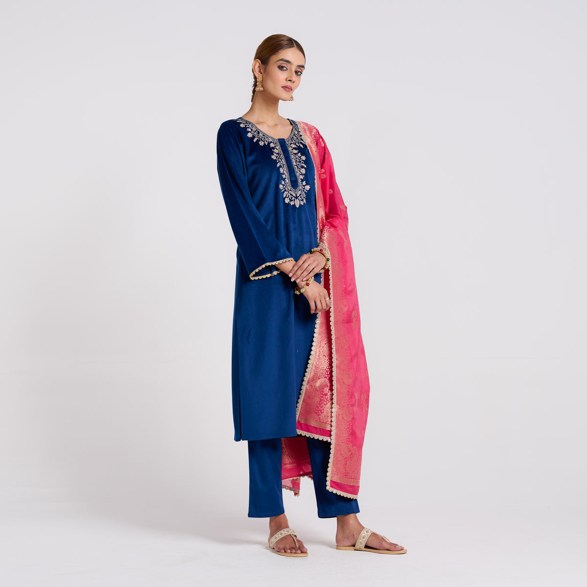 Navy Embroidered Noor Velvet Set with Brocade Dupatta