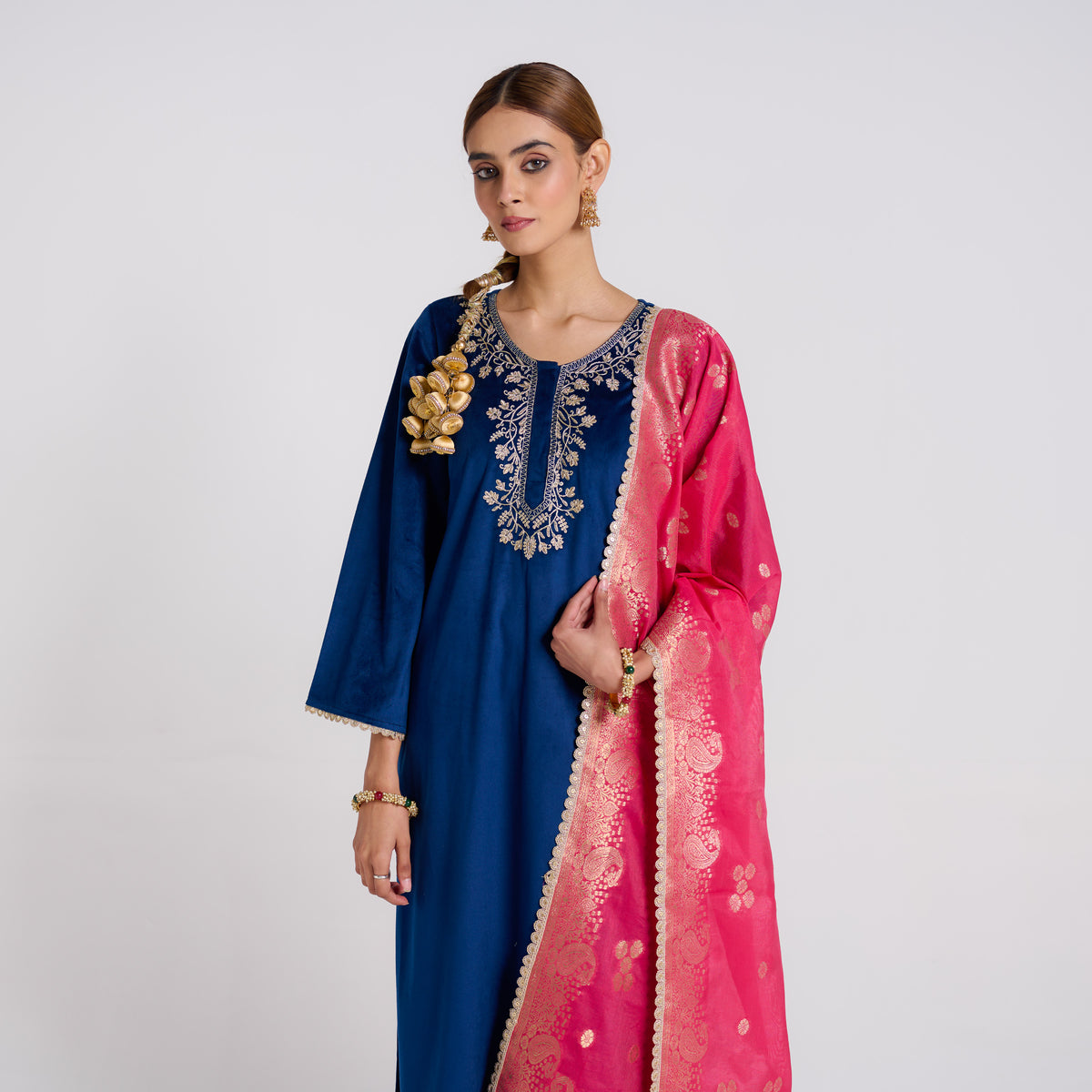 Navy Embroidered Noor Velvet Set with Brocade Dupatta