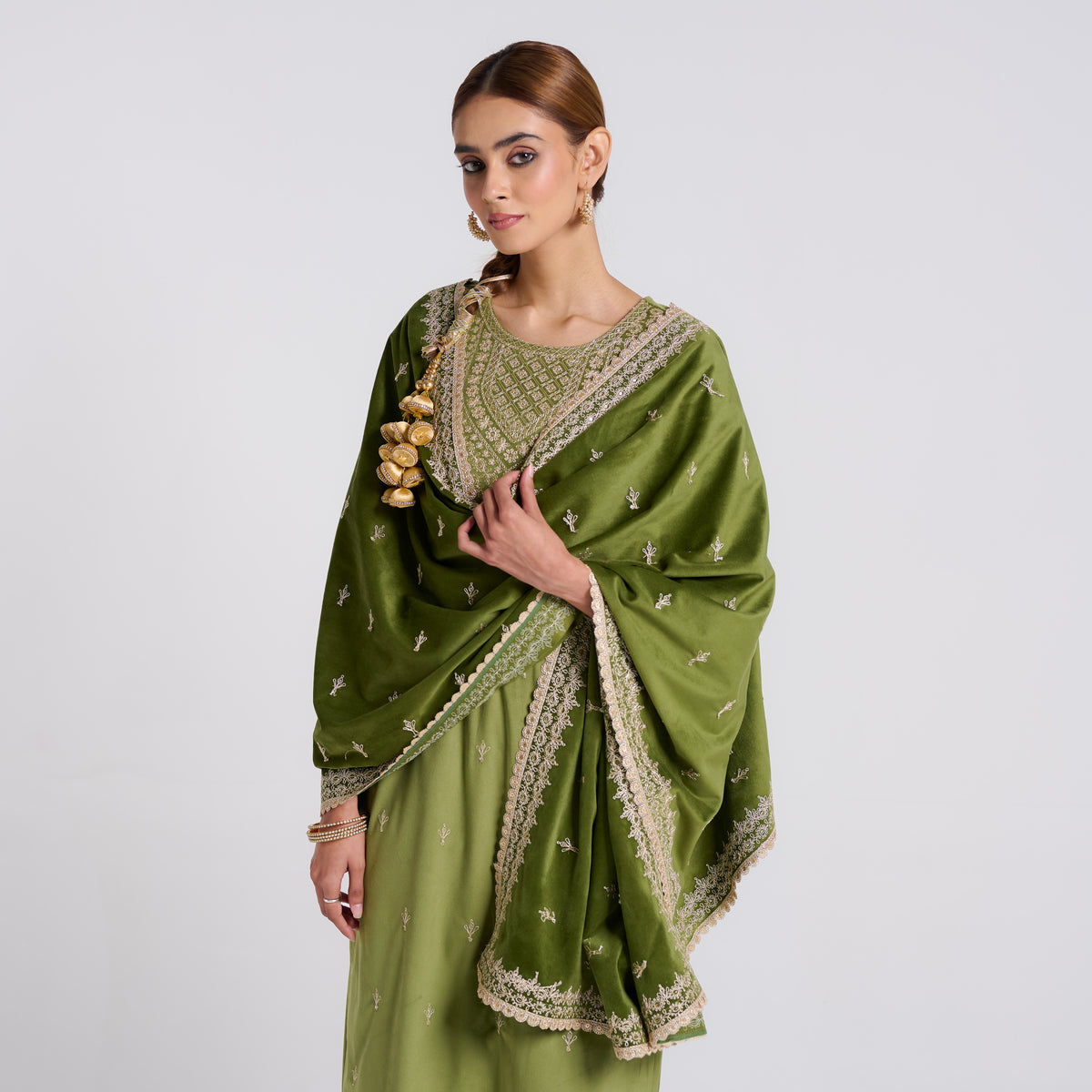 Olive Embroidered Gulzaar Velvet Set with Dupatta