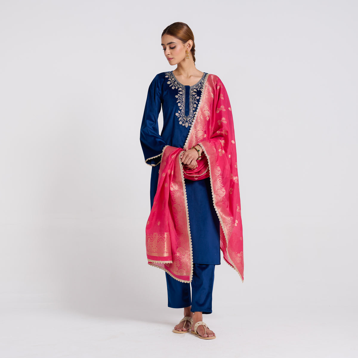 Navy Embroidered Noor Velvet Set with Brocade Dupatta