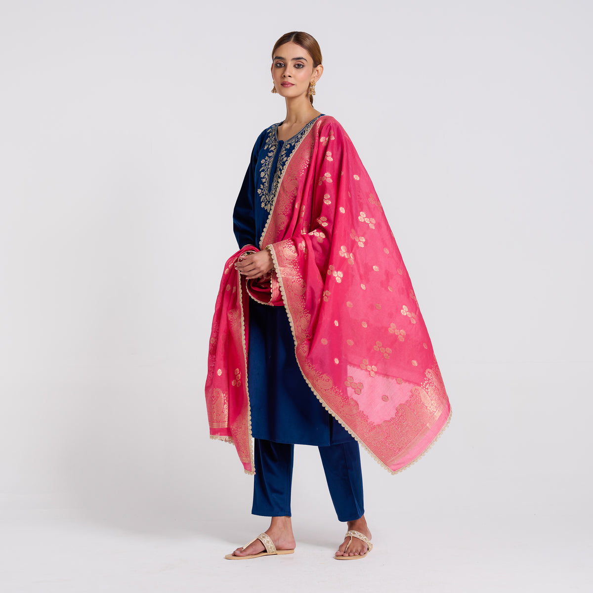 Navy Embroidered Noor Velvet Set with Brocade Dupatta