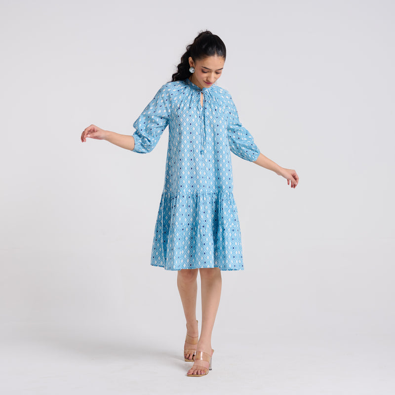 Sky Blue Pure Cotton Tier Dress with Neckline Detail