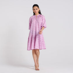 Lavender Pure Cotton Tier Dress with Neckline Detail