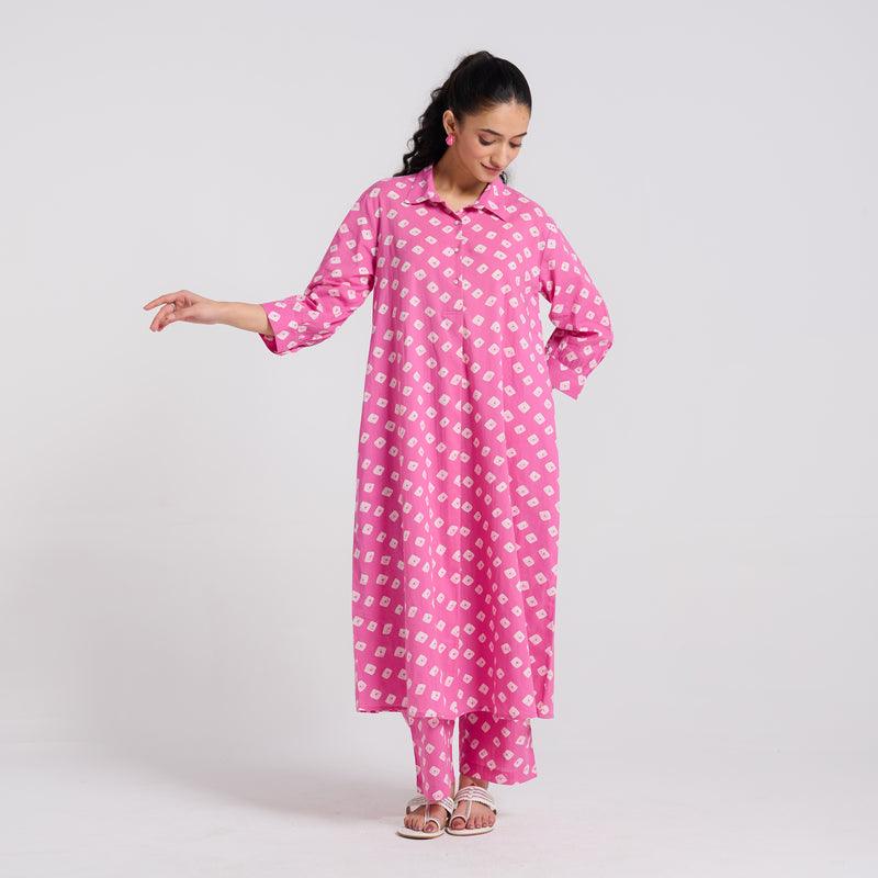 Pink Breezy Pure Cotton Kurta Pant Set with Shirt Collar