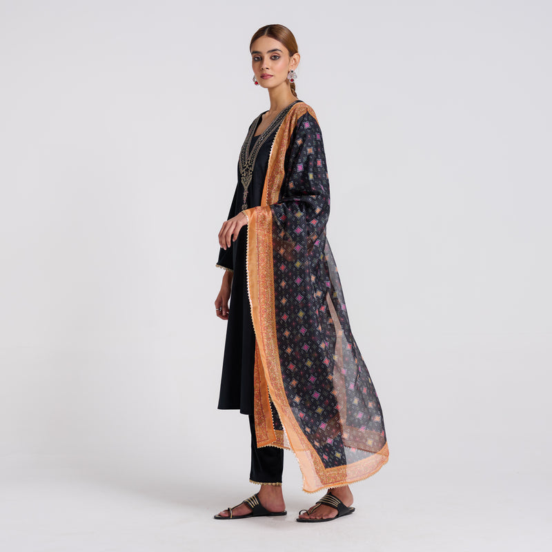 Black Embroidered Zareen Velvet Set with Dupatta