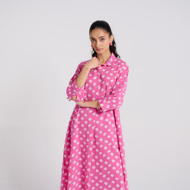 Pink Breezy Pure Cotton Kurta Pant Set with Shirt Collar