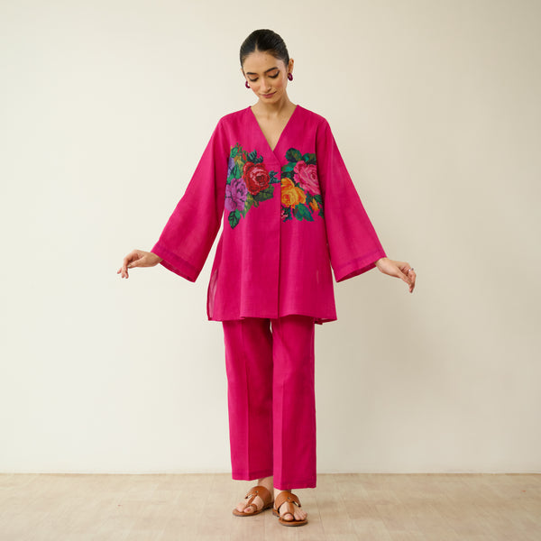 Stitch Rose Pure Slub Cotton Co-ord Set - Fuschia