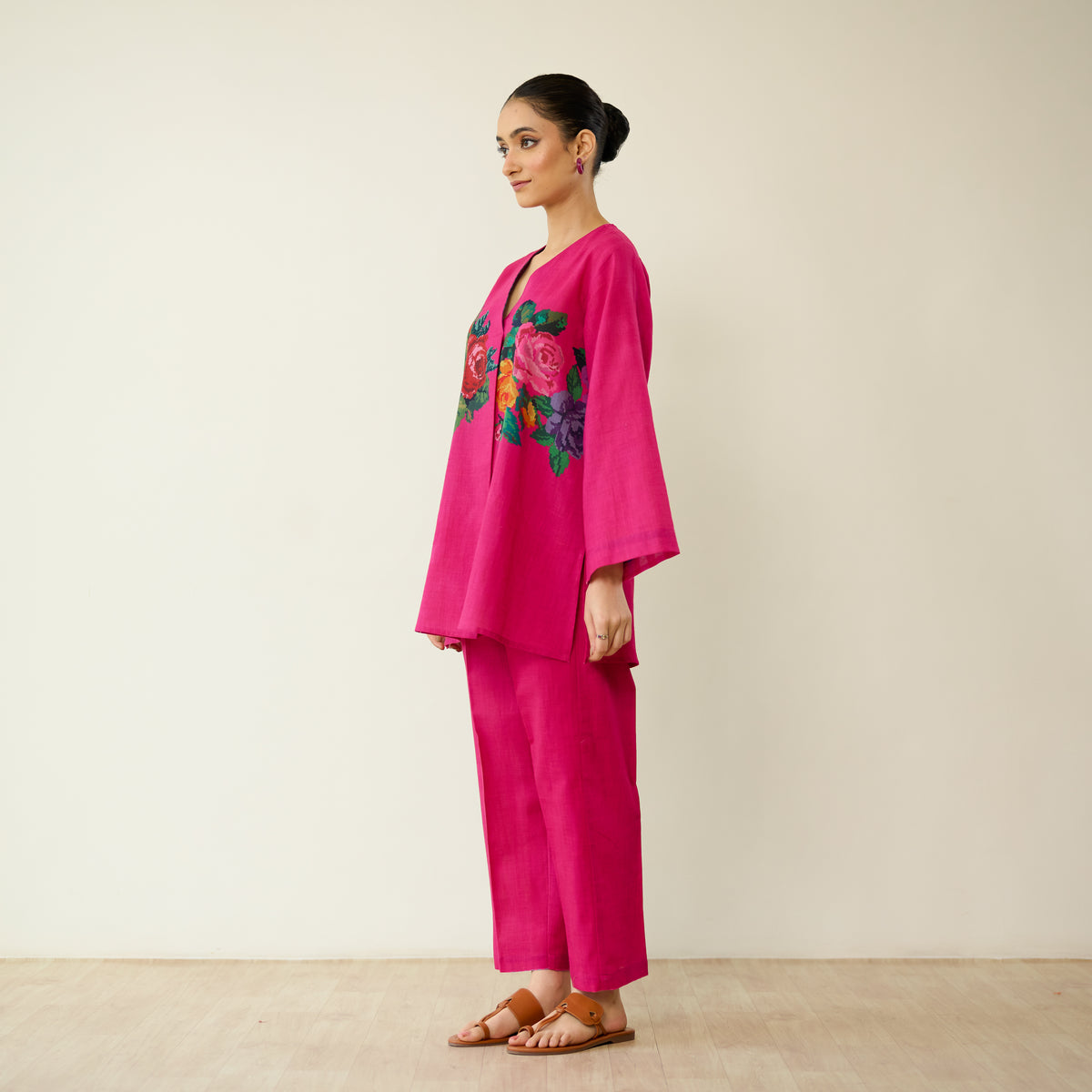 Stitch Rose Pure Slub Cotton Co-ord Set - Fuschia