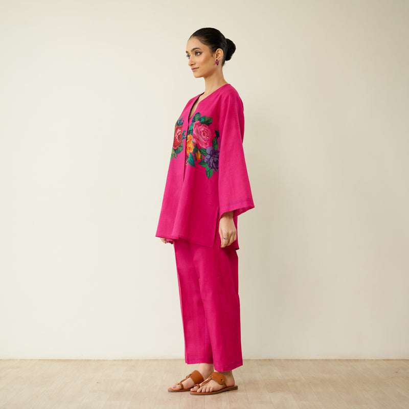 Stitch Rose Pure Slub Cotton Co-ord Set - Fuschia