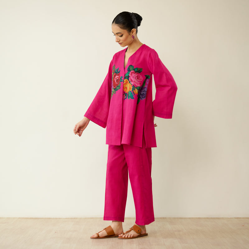 Stitch Rose Pure Slub Cotton Co-ord Set - Fuschia